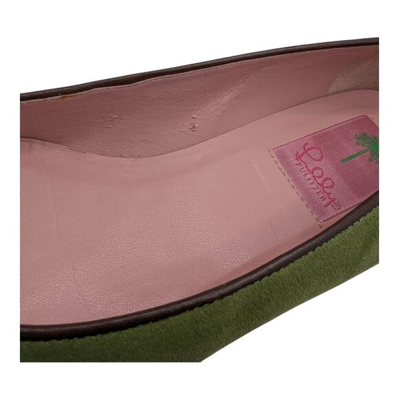 Lilly Pulitzer Olive Green Suede Brown Leather Flower Ballet Flats Women's 8.5 - Picture 9 of 12